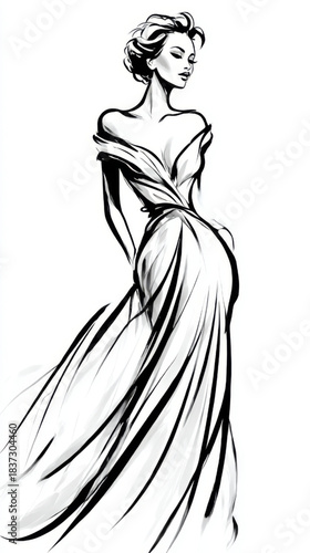  Fashion illustration of a stylish woman with an elegant and confident demeanor posing in a long flowing gown against a white background