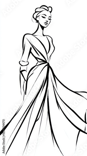  Fashion illustration of a stylish woman with an elegant and confident demeanor posing in a long flowing gown against a white background