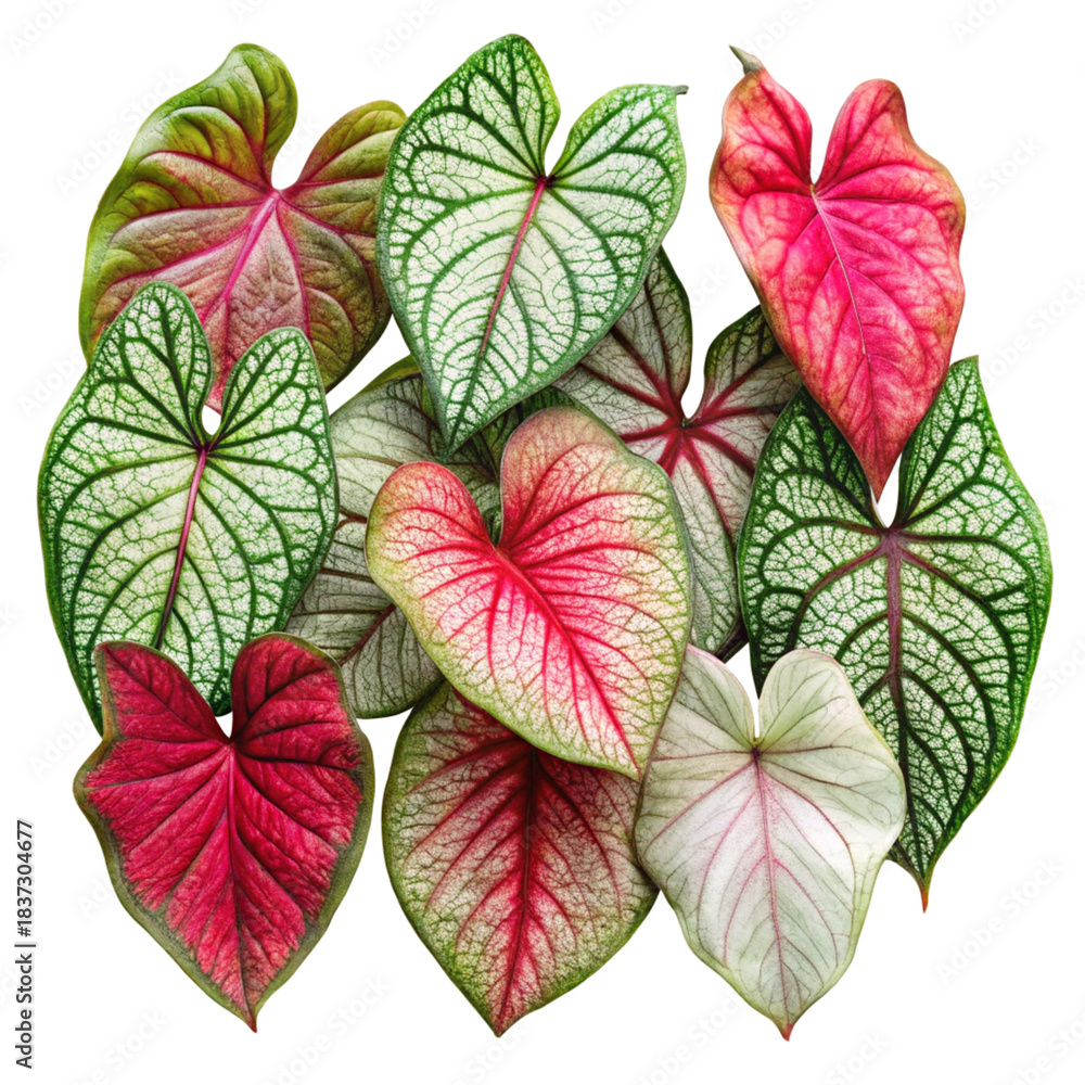 Obraz premium Realistic Caladium Bicolor Leaves Isolated Collection on transparent background 