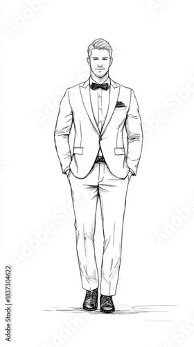 Pencil drawing of a handsome man in a business suit with a confident and successful demeanor standing with hands in pockets against a white background