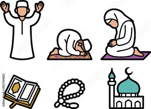 Colorful muslim pray icon collection including praying figures, a mosque, quran, and prayer beads with pray hands icon