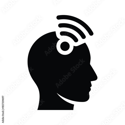 Black silhouette head profile with wifi signal waves emanating white