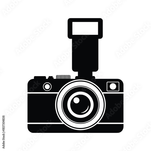 Black silhouette of a digital camera with pop-up flash photography black and white