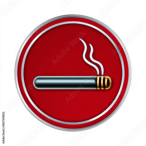 Digital illustration of a cigarette inside a circle in red and silver colors representing a smoking zone or tobacco product