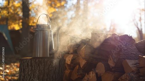 Steaming Kettle and Firewood in Autumn Forest