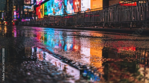 Colorful City Lights Reflecting on Wet Pavement