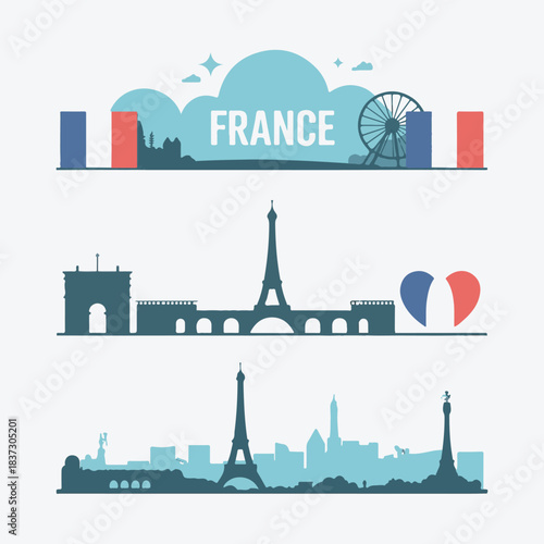 France and Paris City Skyline Silhouette Banners Vector Set