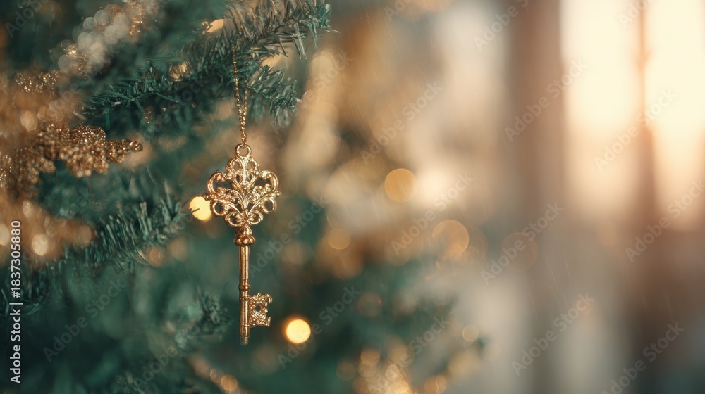 Fototapeta premium Gold key decoration hanging on a Christmas tree branch with lights