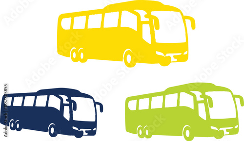 The image features three bus illustrations, each rendered in a distinct color—yellow, dark blue, and light green—set against a clean Victor Illustrator Design
