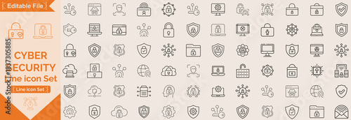 Cyber Security editable stroke outline icons set. Data protection, spam, secure, security, antivirus, password, privacy, padlock and hacker. Vector illustration.
