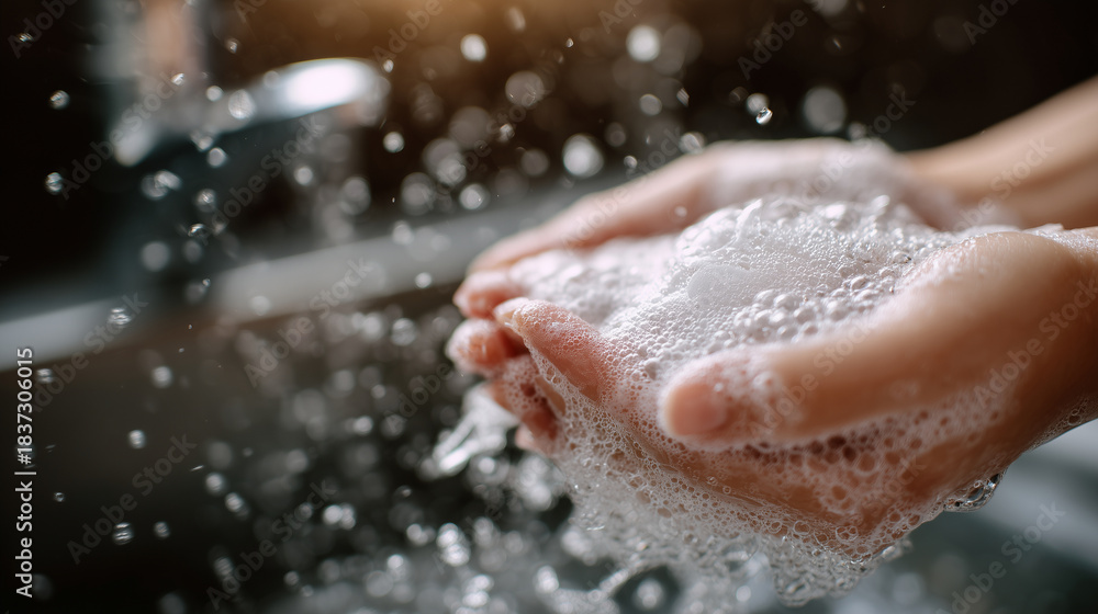 Obraz premium Macro close-up of airy soap foam on hands, emphasizing hygiene, cleanliness, and personal care themes