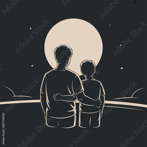 A father and son gaze at the moonlit sky on a clear night.