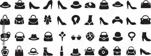Woman fashion accessories vector icon collection. Black glyph silhouette symbols for web and app design. Set with handbag, sunglasses, jewelry, watch, hat, and bracelet