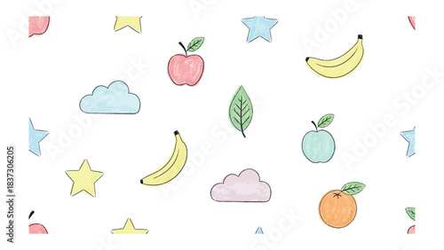 Whimsical Fruit Pattern: A charming and playful illustration of various fruits and celestial elements, creating a delightful pattern.