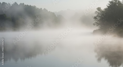 Dense morning fog hovers low over a calm river surface bordered by dark foliage.