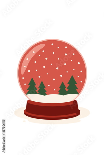 An empty glass snow globe sits on snowy ground beside fir trees, set against a red backdrop featuring a realistic 3D transparent snowball, atop an Xmas podium, accompanied by a holiday banner and