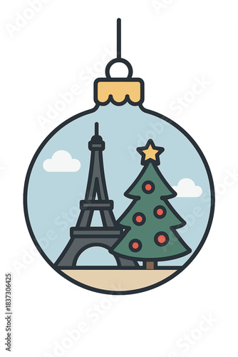 A concept for a New Year's Eve tour to Paris, featuring the Eiffel Tower adorned with a Christmas tree inside a glass bauble or ball