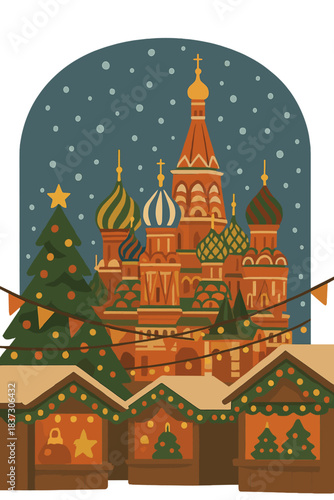 Saint Basil's Cathedral stands amid New Year decorations on Moscow's Red Square, while a Christmas fair unfolds in the evening as snow falls