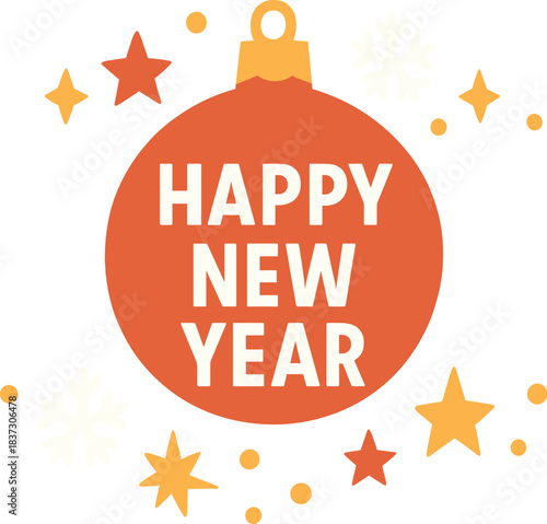 Celebrate 2018 with a white “Happy New Year” inscription featuring a Christmas ball; a vector illustration of stars, snowflakes, and glitter, perfect for greeting cards or banners