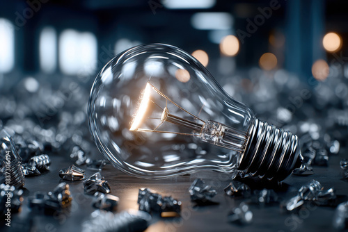Bright idea captured in a glass light bulb surrounded by metallic shavings