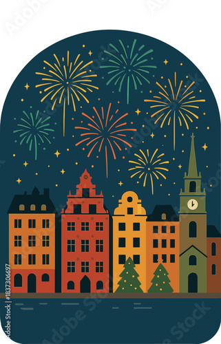 Stunning Gamla Stan in holm on New Year's Eve, illuminated by enchanting fireworks