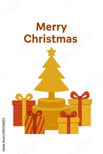 A golden Christmas tree and gifts on a white studio backdrop, wishing you a merry Christmas