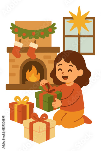A joyful girl unwraps Christmas or New Year's gifts, while children hold gift boxes beneath a Christmas star, and the living room is adorned with a traditional fireplace