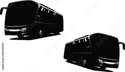 The image presents two dark-colored buses, both characterized by a streamlined design that emphasizes their function as passenger transport vehicles.Victor Illustrator Design