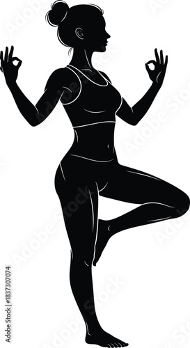 Black silhouette of woman performing Tree Pose with hands in Jnana Mudra for yoga fitness balance and wellness graphic design