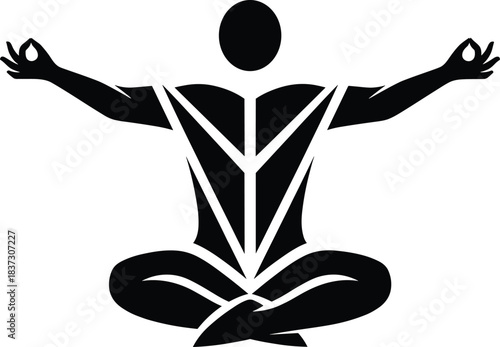 Abstract geometric vector logo of person meditating in lotus pose with arms extended for modern yoga high-performance wellness and martial arts branding