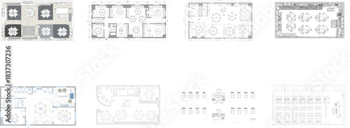 Various interior layouts for collaborative spaces and offices