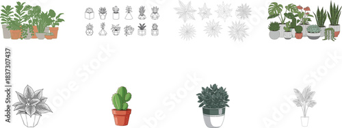 Collection of Potted Plants and Abstract Leaf Designs in Line Art