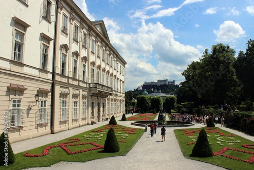 Mirabell Gardens, looking towards Fortress Hohensalzburg, Salzburg.