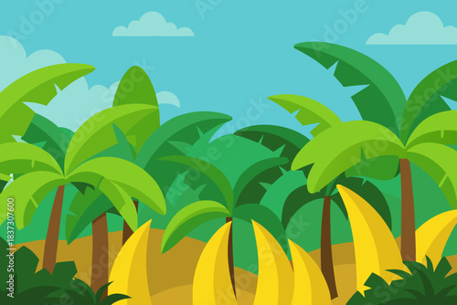 Tropical banana grove cartoon background simple vector illustration