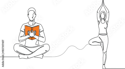 Continuous line art of two people meditating reading a book and performing the Tree Pose for focus literacy and wellness design concepts