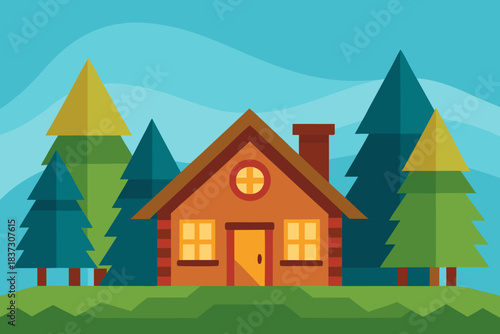 Warm cottage in woods cartoon background simple vector illustration