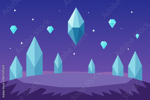 Magic floating crystals field cartoon simple vector illustration