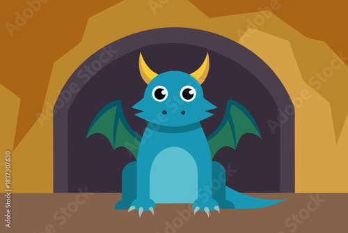 Friendly dragon cave entrance cartoon simple vector illustration