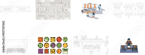 Market scenes, stall designs and produce grids sketches Keywords: market, scene, stall, design
