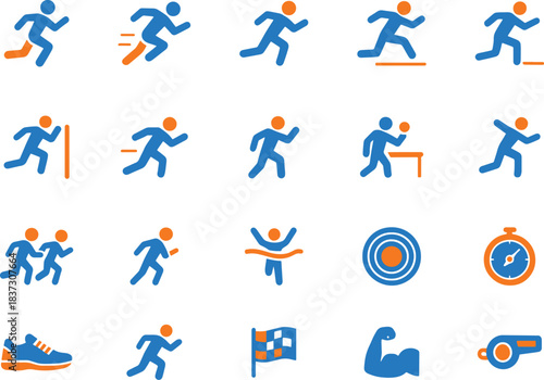 Collection of 20 flat design running and sports icons in blue and orange color scheme