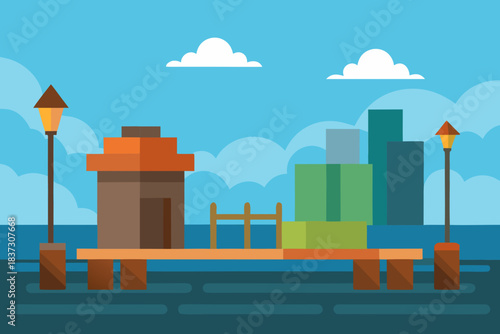 Harbor dock area cartoon background simple vector illustration
