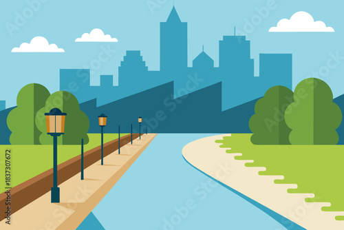 Urban riverwalk cartoon background simple vector illustration