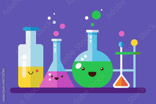 Cute science lab with beakers cartoon simple vector illustration
