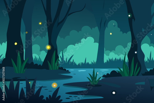 Enchanted swamp with fireflies cartoon background simple vector illustration