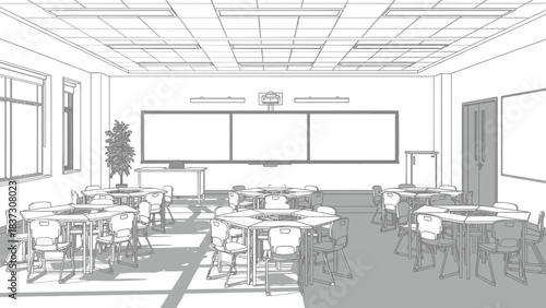 Sketch of a modern classroom interior with hexagonal tables
