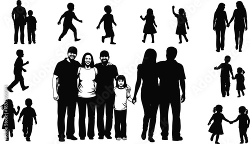 Family silhouettes, children playing, social bonding, parent child interaction, black vector icons, group pose, emotional connection, flat design, relationship concept