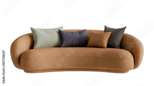 Front view of a leather curved couch with pillows on a transparent background.
