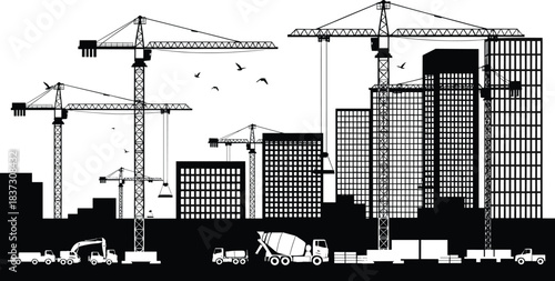 construction, city, crane, silhouette, building, urban, development, machinery, infrastructure, vector, black, white, skyline, equipment, site