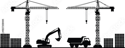 construction, crane, excavator, truck, silhouette, industrial, machinery, site, building, materials, vector, black, white, urban, equipment