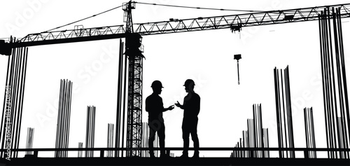 construction, crane, workers, silhouette, engineering, teamwork, industrial, rebar, site, machinery, building, vector, black, white, equipment